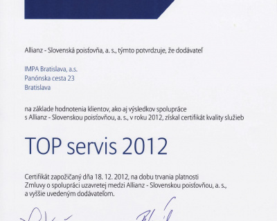 Ocenenie kvality služieb "TOP servis" za rok 2012