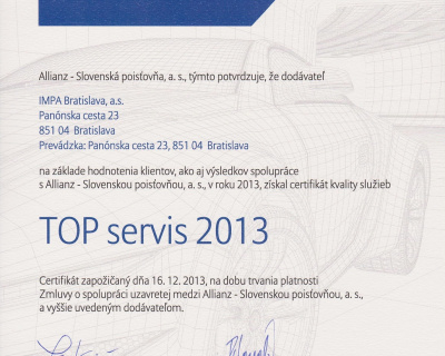 Certifikát kvality služieb "TOP servis 2013" od Allianz - Slovenskej poisťovne a.s. dva roky za sebou